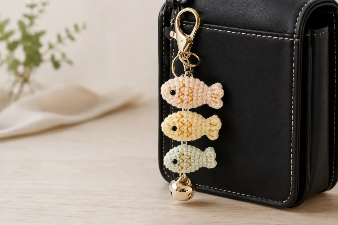 Mini Taiyaki Fish Crochet Charm Pattern hanging on a black bag with three small crochet fish and gold keychain hardware