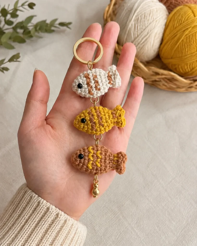 Mini Taiyaki Fish Crochet Charm Pattern with three tiny crochet fish keychains in white, yellow, and brown held in hand
