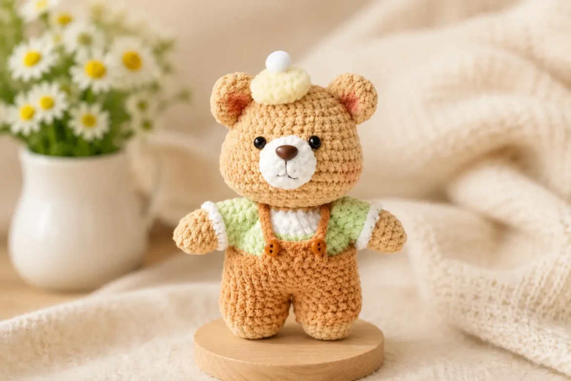 Cute Baby Bear Crochet Pattern finished amigurumi bear with overalls and hat