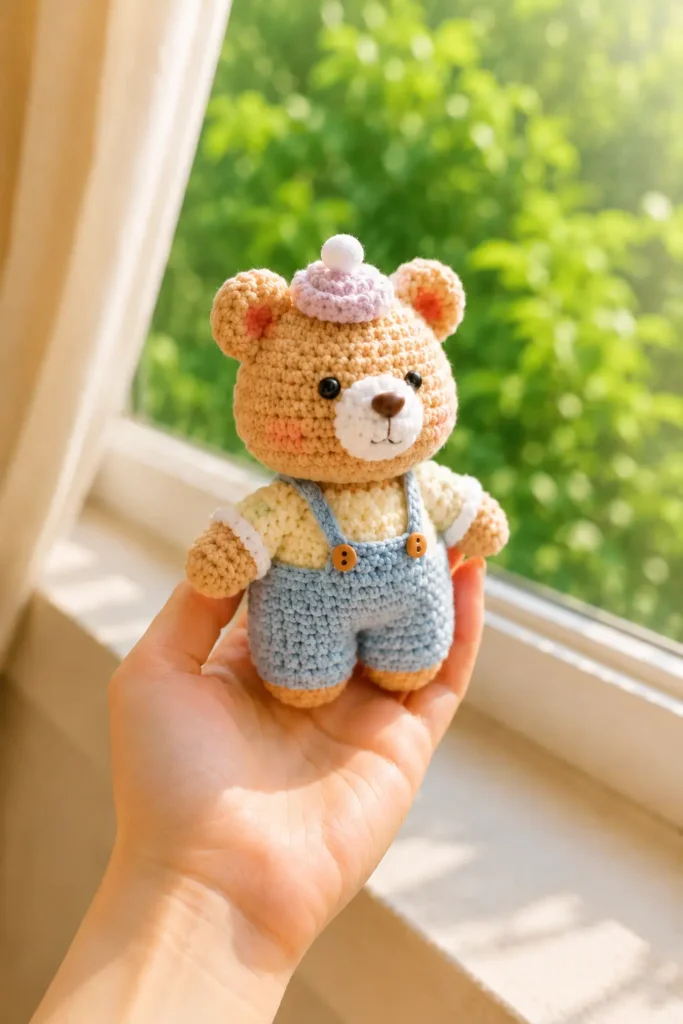Cute Baby Bear Crochet Pattern color variation with blue overalls and pink hat