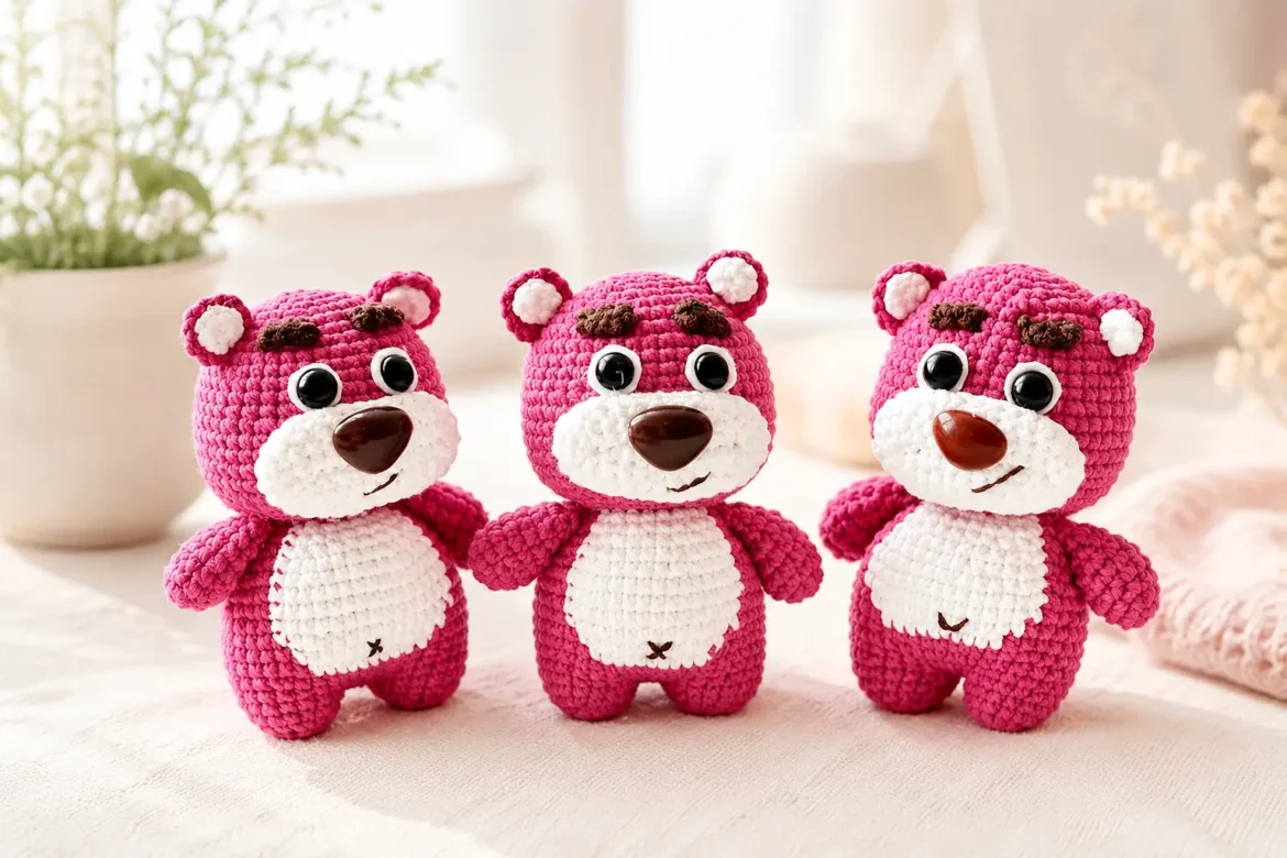 Strawberry Bear Baby Crochet Pattern with three pink amigurumi bears