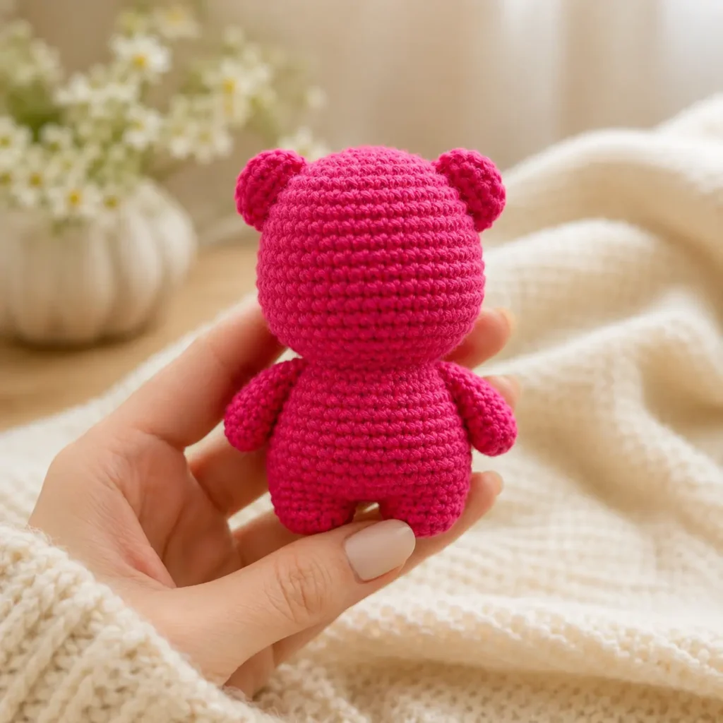 Strawberry Bear Baby Crochet Pattern back view showing pink crochet body