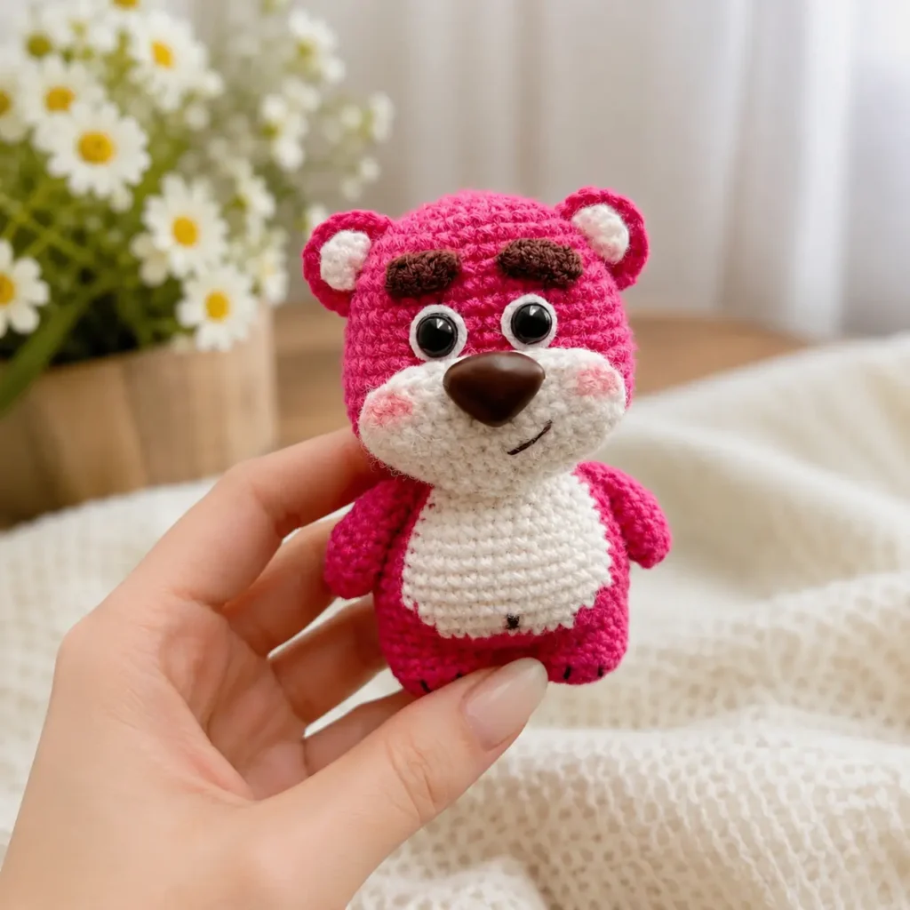Strawberry Bear Baby Crochet Pattern front view held in hand