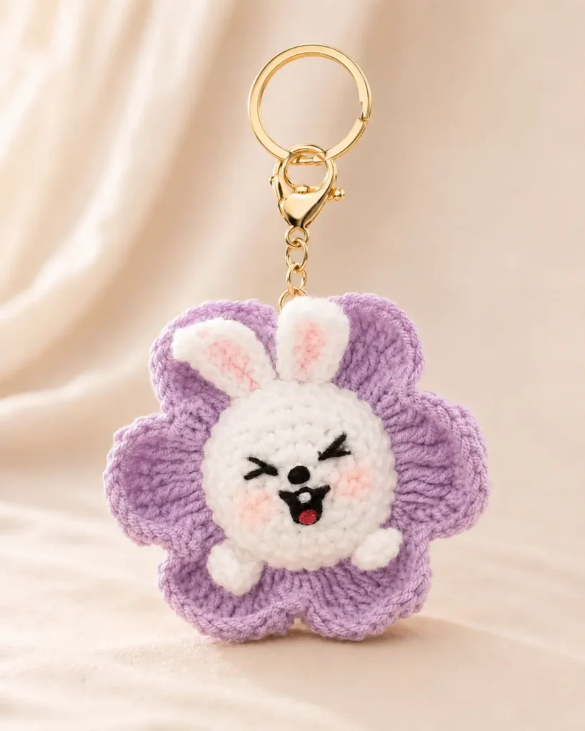 Purple bunny flower crochet keychain