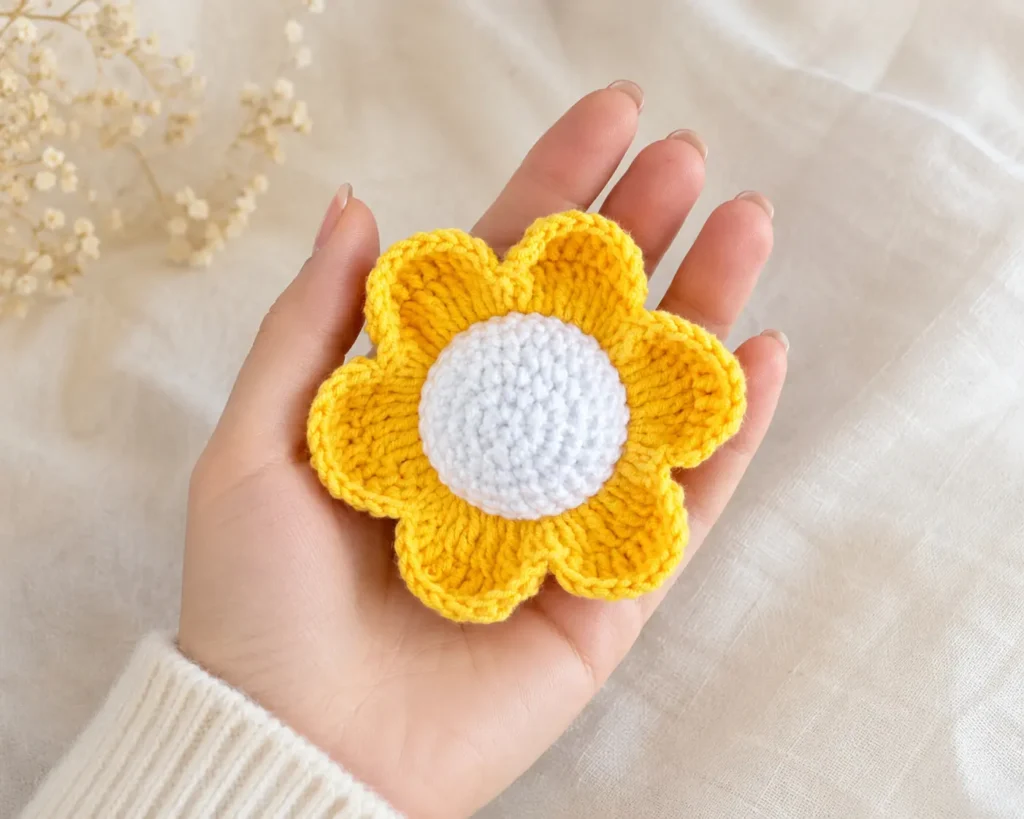 unfinished view of bunny flower crochet project
