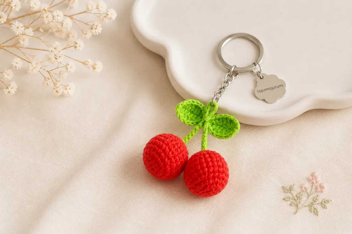 Cherry Keychain Crochet Pattern displayed on a soft fabric background