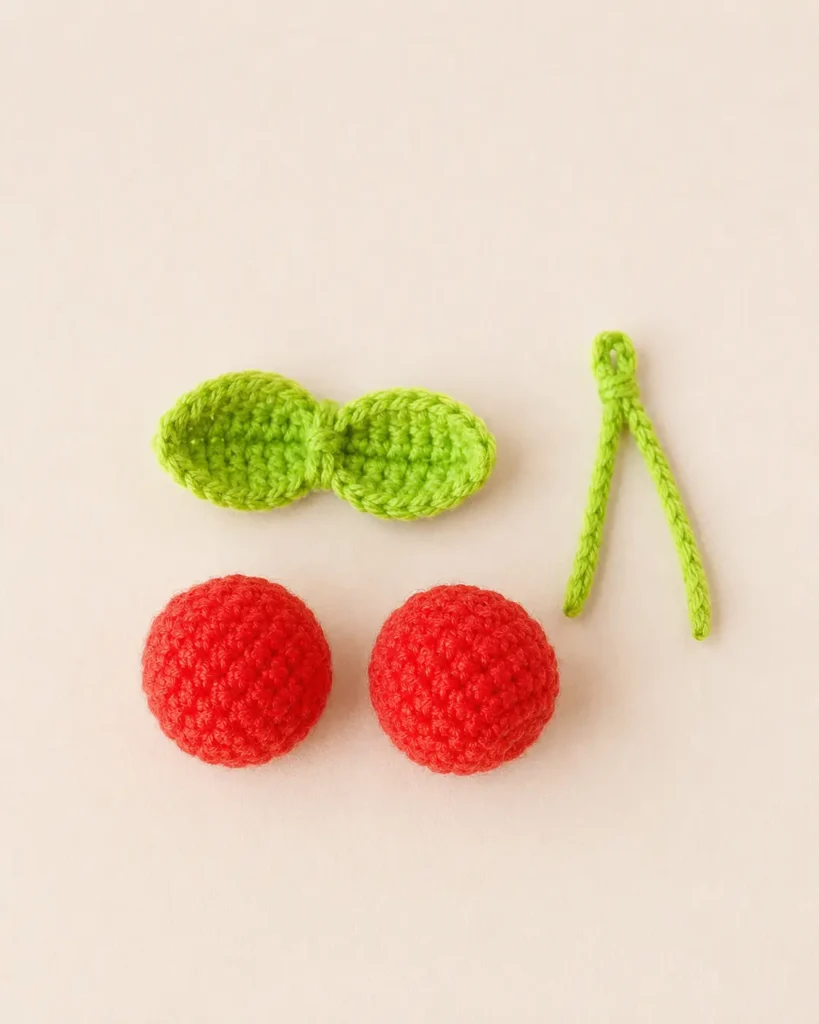 Cherry Keychain Crochet Pattern pieces before assembly