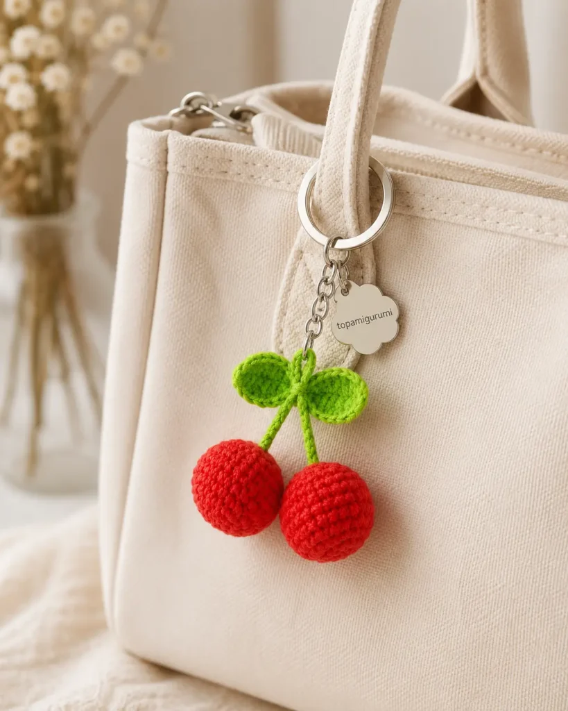 Cherry Keychain Crochet Pattern attached to a canvas bag