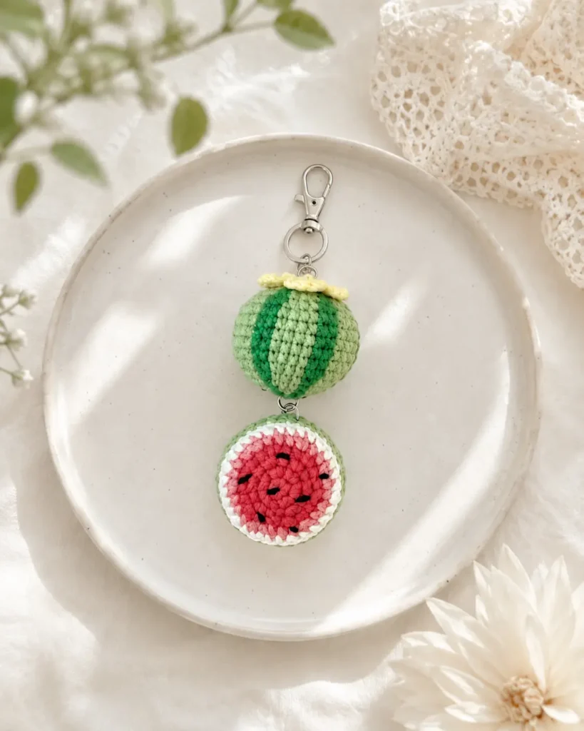 Crochet watermelon keychain displayed on a white ceramic plate
