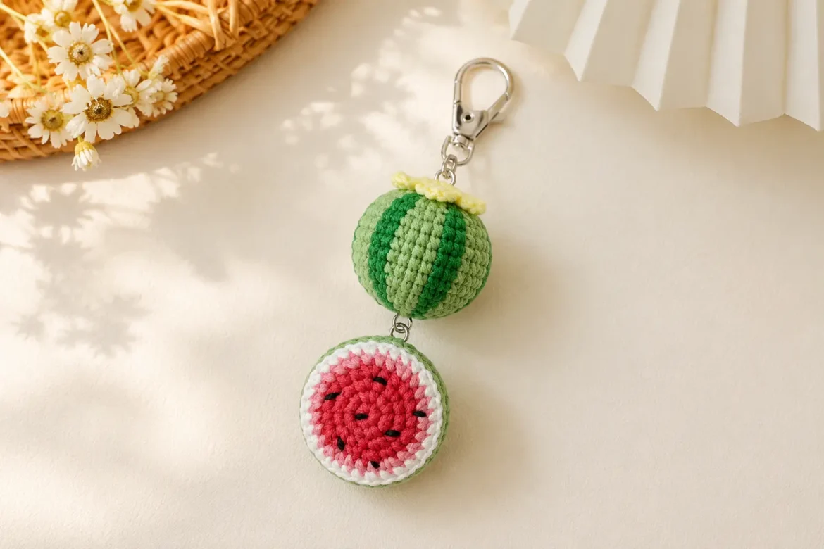 Mini watermelon keychain crochet pattern with whole watermelon and hanging slice
