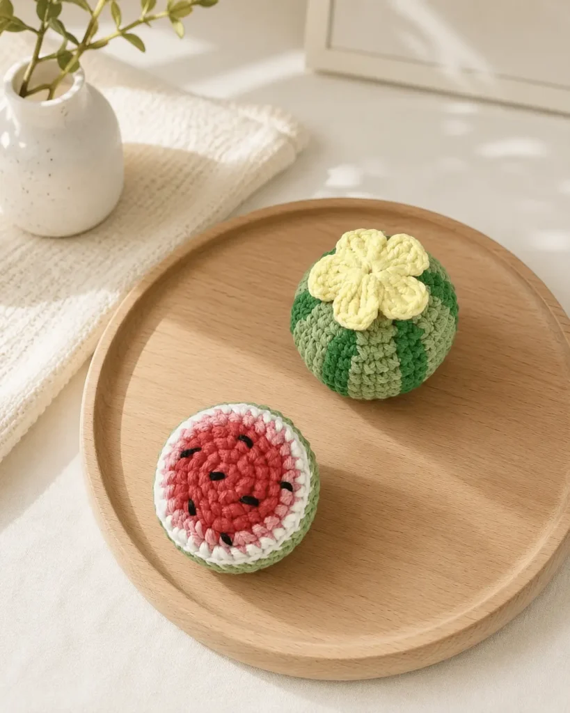 Whole and sliced crochet watermelons from the mini keychain pattern