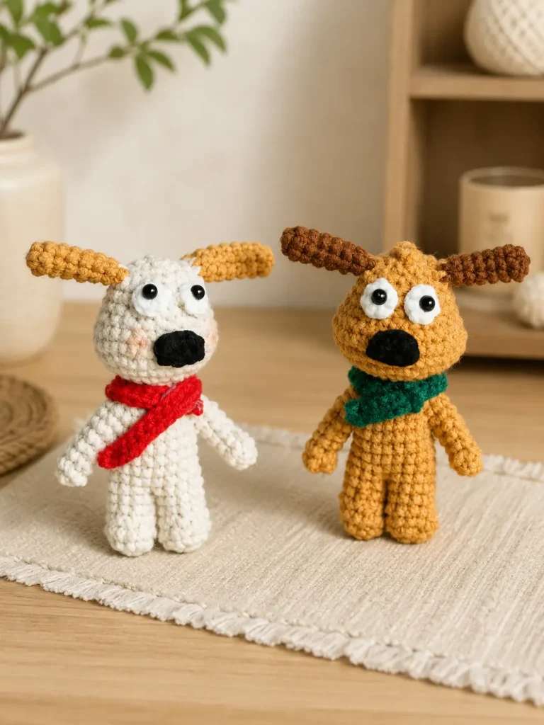 No-Sew Long-Eared Dog Amigurumi Pattern in white and brown with colorful scarves