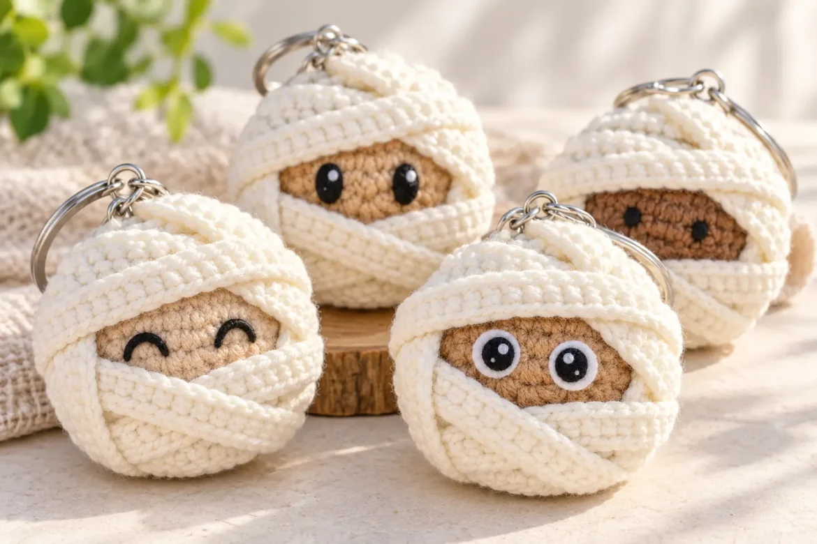 Mini mummy crochet keychains with different cute faces