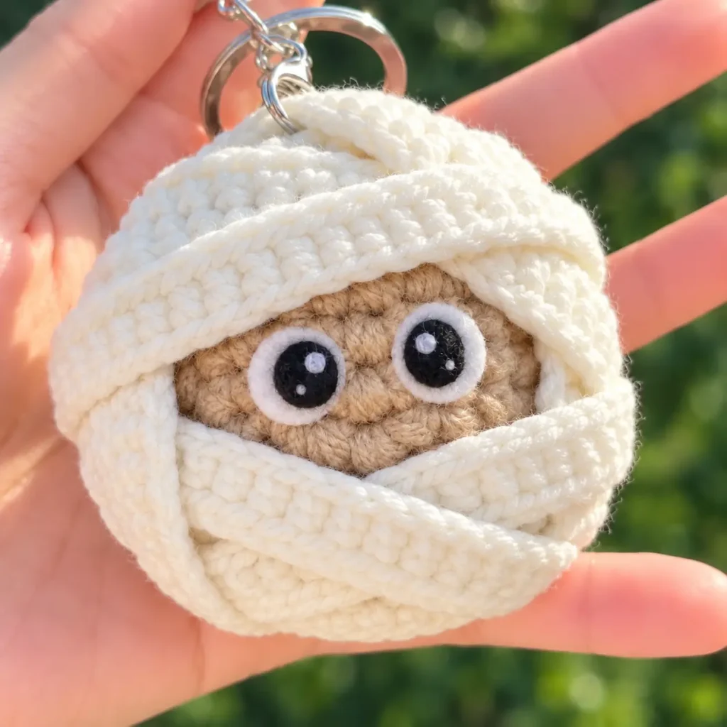Mini Mummy Crochet Pattern finished Halloween keychain