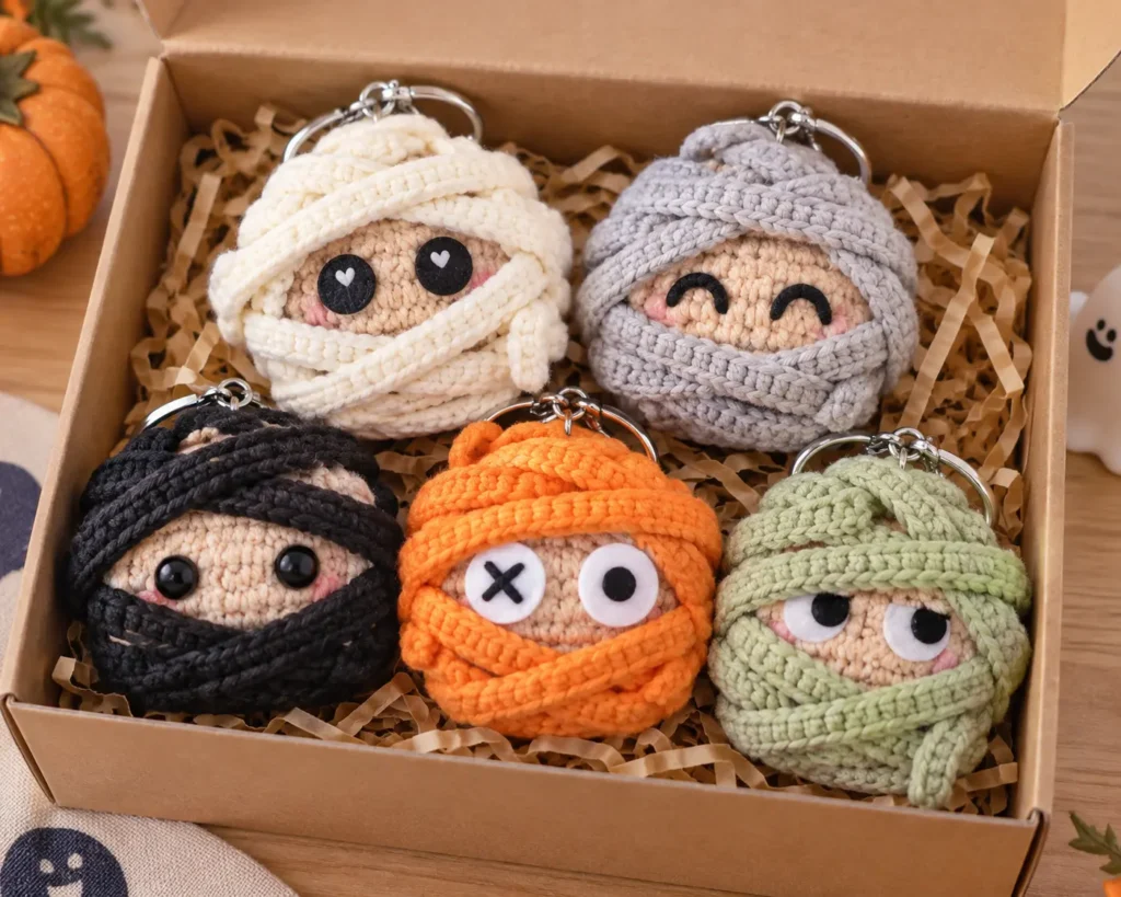 Halloween mummy crochet keychains in different colors