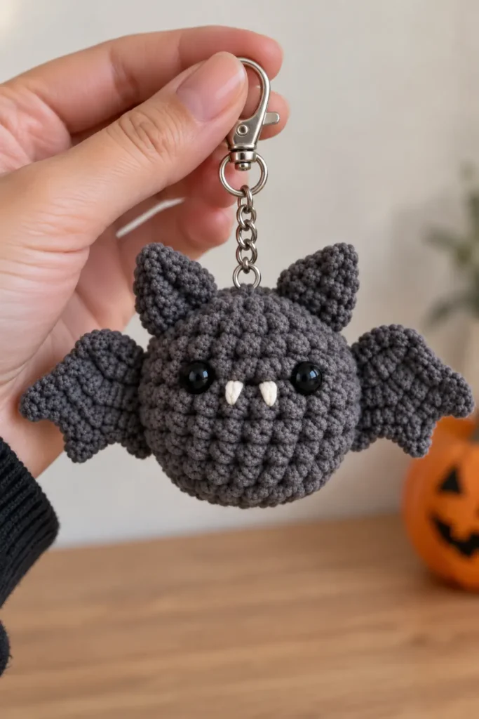 No-sew mini bat crochet keychain made with chunky gray yarn