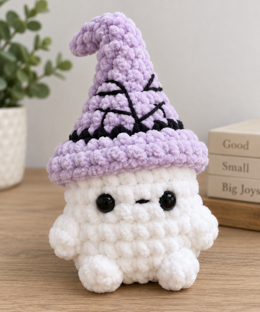 No-Sew Mini Witch Ghost Crochet Pattern with purple witch hat