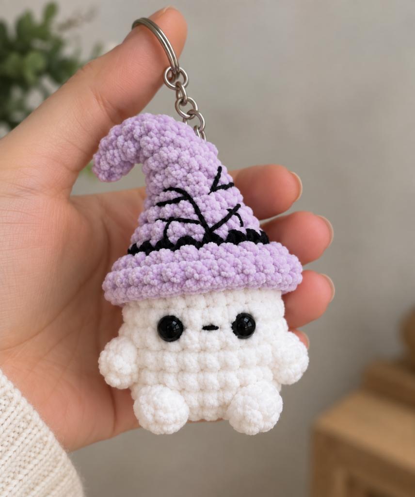 No-Sew Mini Witch Ghost crochet keychain held in hand